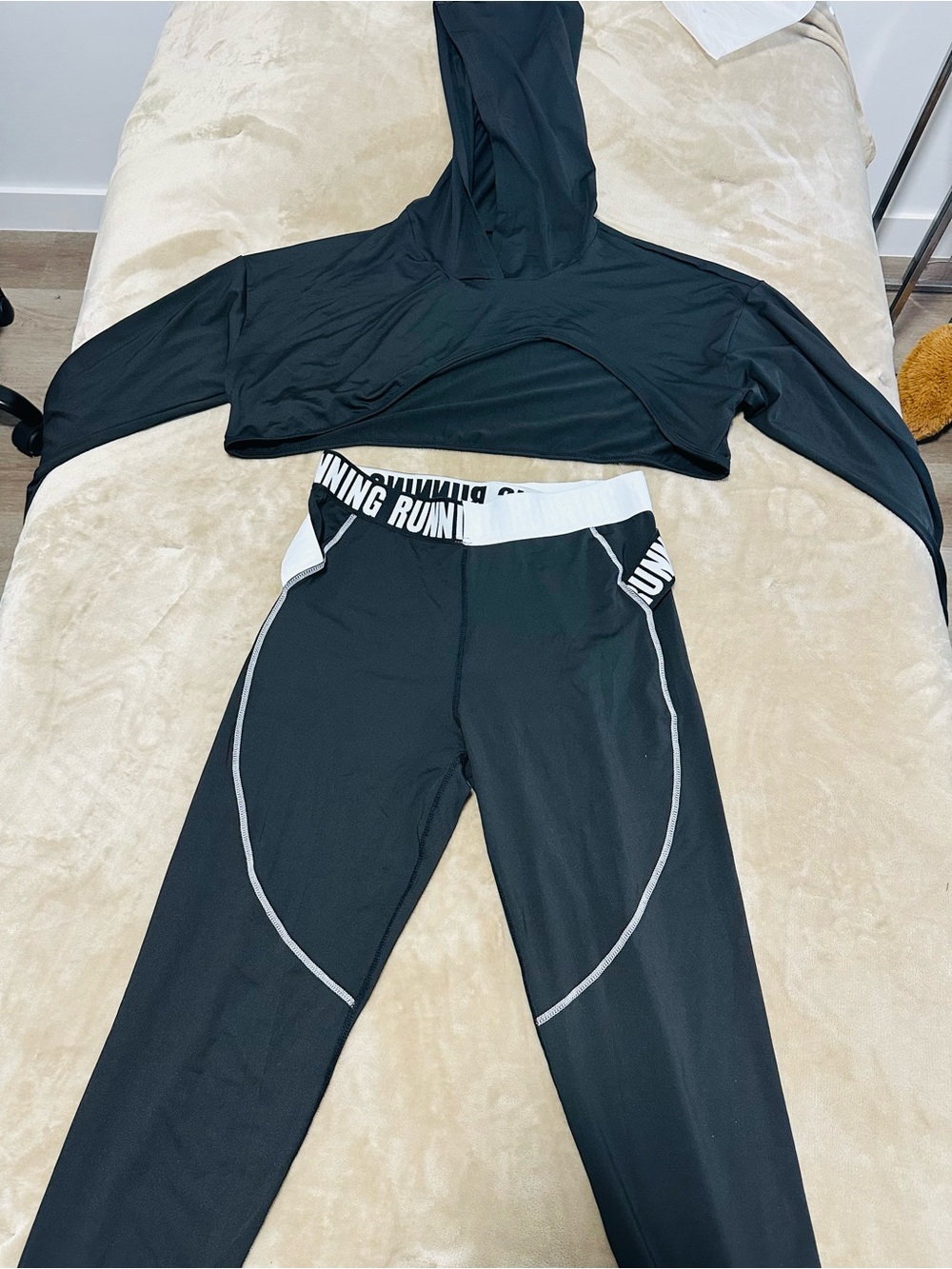 Black Hooded Crop Top and High-Waist Running Leggings Set